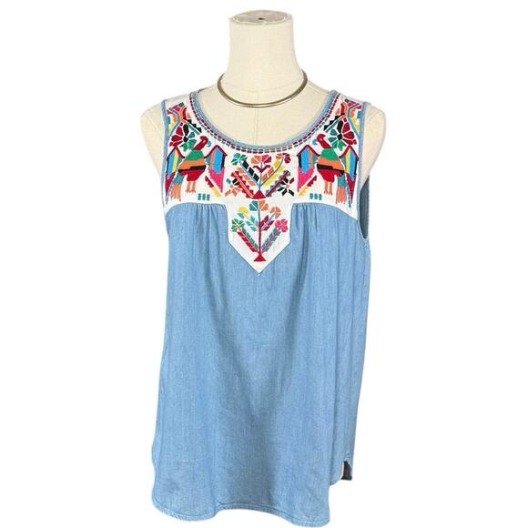 THML Embroidered Boho Denim Tank Top | Multicolor Stitch Detail | Size M - Picture 2 of 8